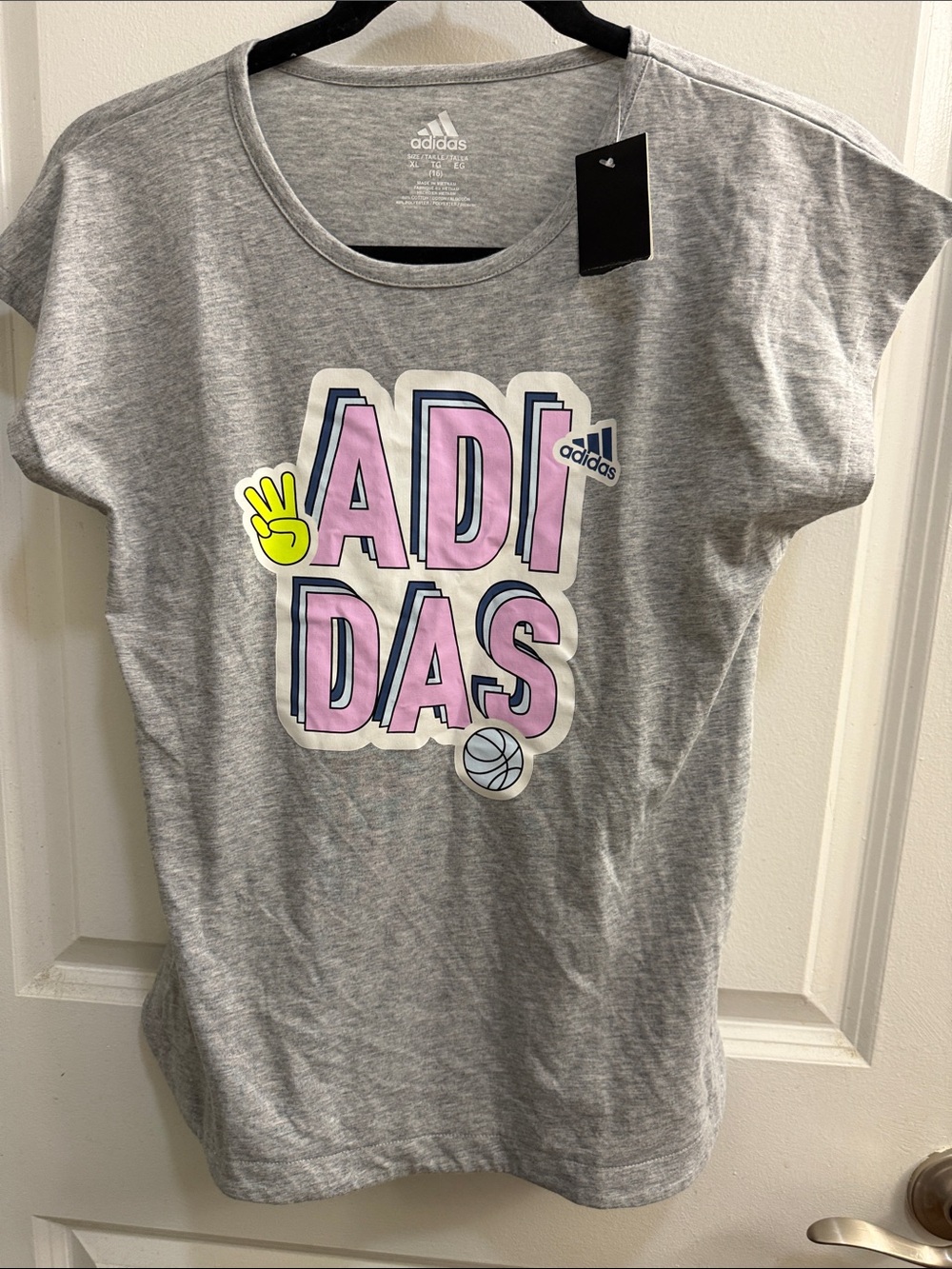 adidas Girls' Grey Tee with Pink Logo and Yellow Accent